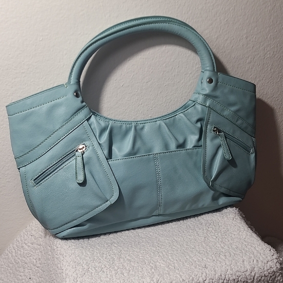 Y2K Blue Faux Leather Shoulder Bag | Slouchy Mini Tote w/ Zip Pockets - Picture 3 of 16